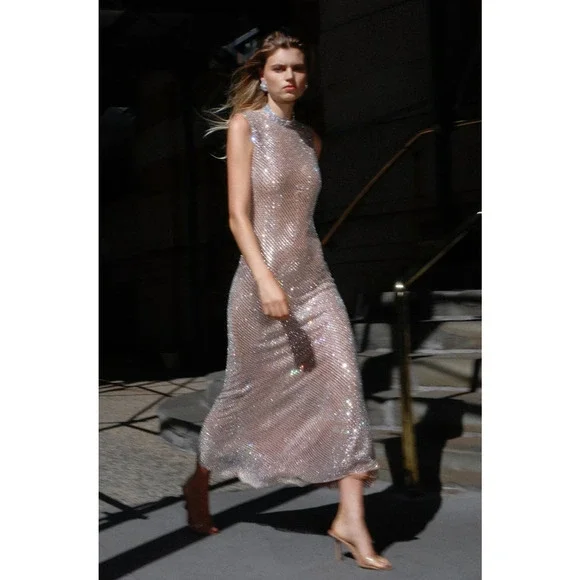 Self-Portrait Silver Rhinestone Mesh Midi Dress US 6 - Picture 2 of 11